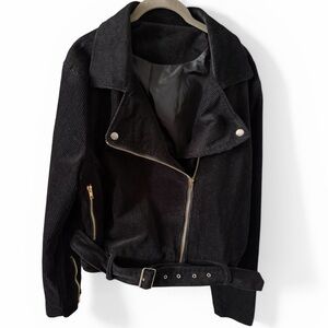 Atelier Black Corduroy Women's Moto Jacket with Belt & Gold Zippers•2X